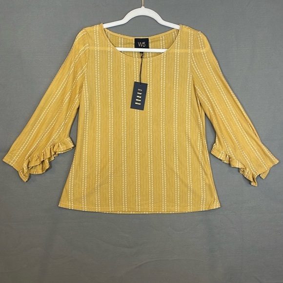 W5 Tops - W5 Ruffle Sleeve top mustard yellow white dotted stripes Women Size Small NWT